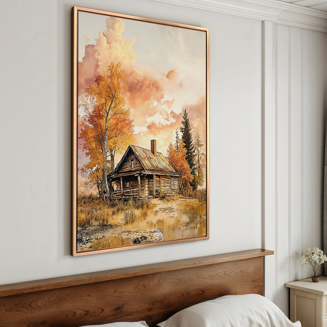 Framed Wall Art featuring a rustic cabin in a warm, autumnal color palette. Perfect for adding cozy vibes to your home decor.