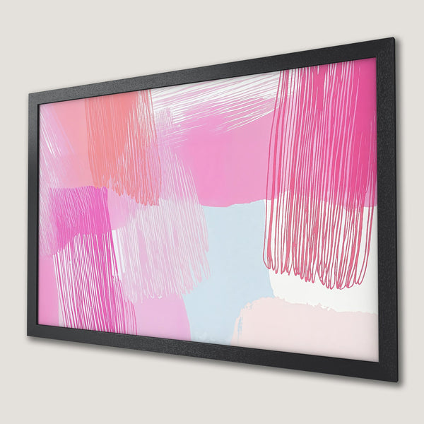 Framed Poster with abstract art in pink, coral, and blue hues. Modern wall decor for a stylish home.