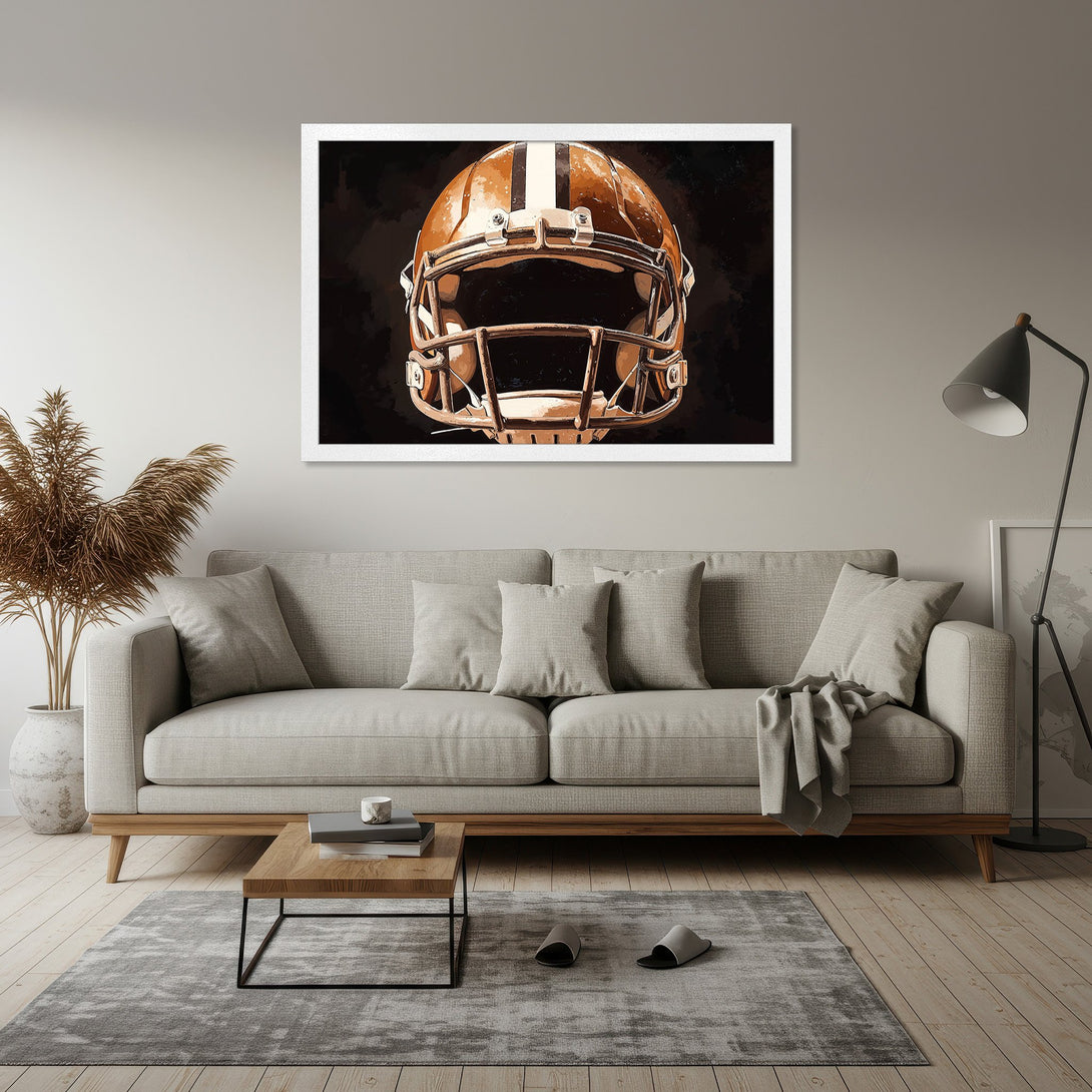 Framed Poster of a football helmet, art print in warm brown and neutral tones, perfect for sports fans.