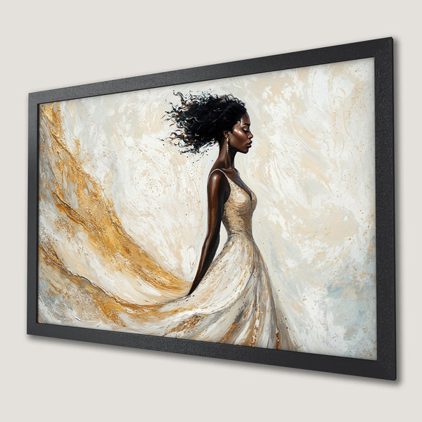 Framed Poster featuring a woman in an elegant dress, abstract style, gold & white color palette. Perfect wall art!
