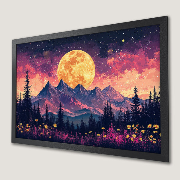Framed Poster of a vibrant mountain landscape with a large moon, in a dreamy style with a warm color palette.