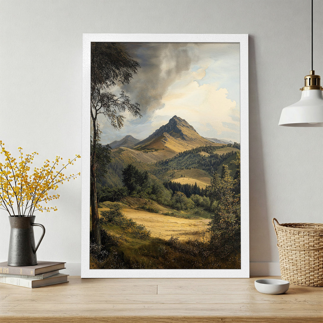 Framed Poster of a mountain landscape in a classic painting style with a warm, earthy color palette. Perfect wall art!