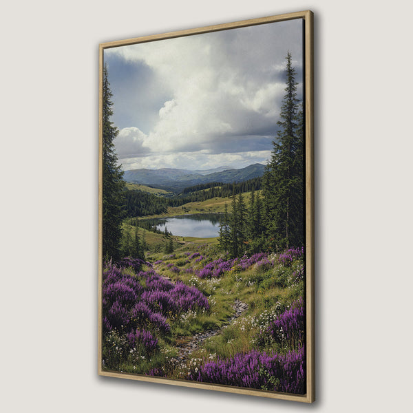 Framed Wall Art: Landscape Canvas Print of a serene mountain lake scene with purple wildflowers and green trees. Earthy tones create a calming atmosphere.