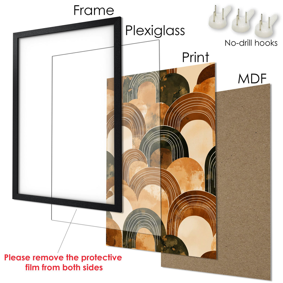 Framed Poster with abstract arch design in warm earth tones. Modern art print for home decor.