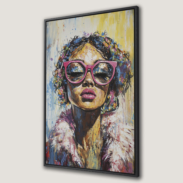 Framed Wall Art: Bold portrait of a woman with pink glasses, vibrant colors, and an impressionistic style. Perfect for modern decor.