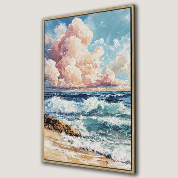 Framed Wall Art: Ocean waves painting with a vibrant blue and peach color palette. Coastal art for a calming home decor.