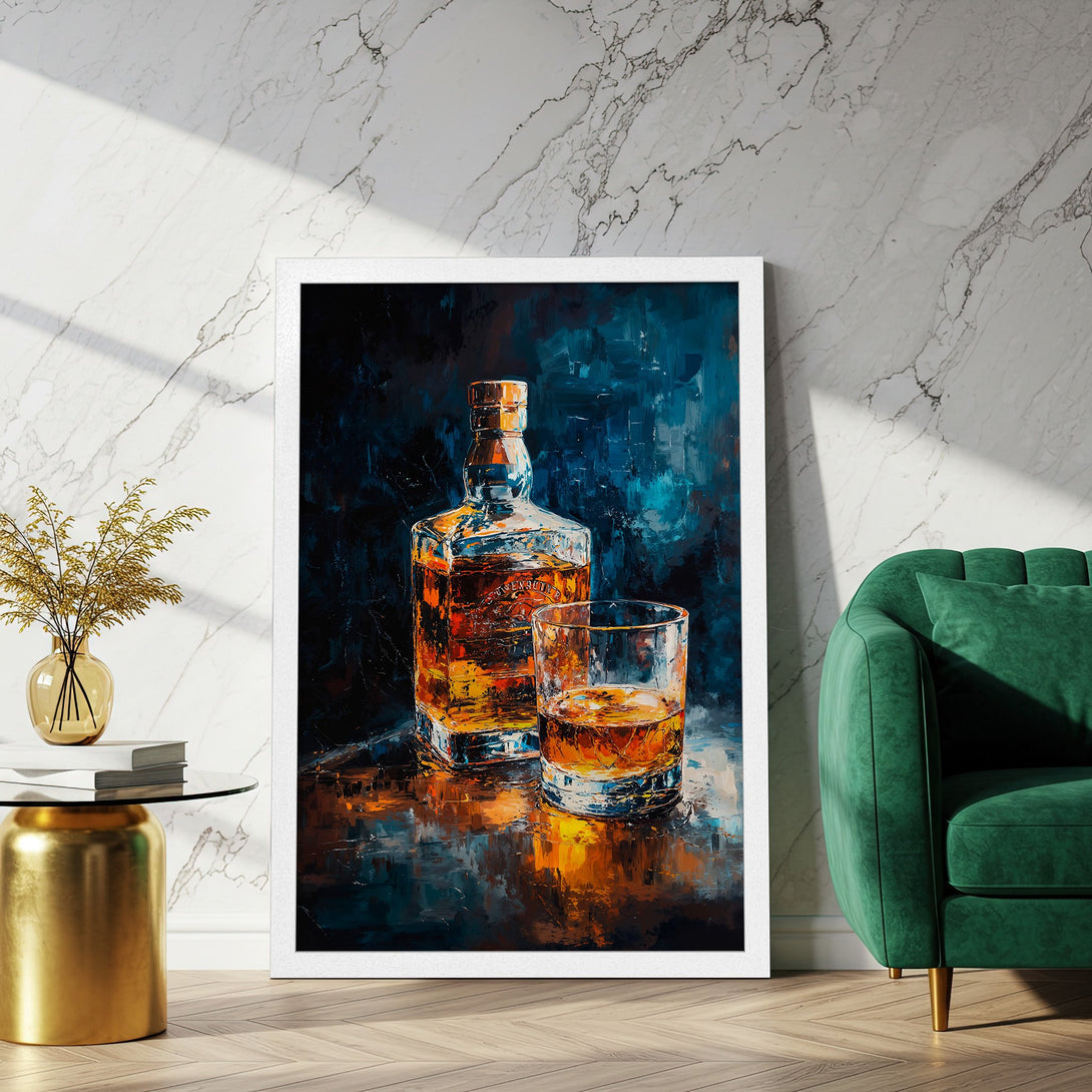 Framed Poster of whiskey bottle and glass, impressionist style, with a dark blue and orange color palette. Perfect for your home bar!
