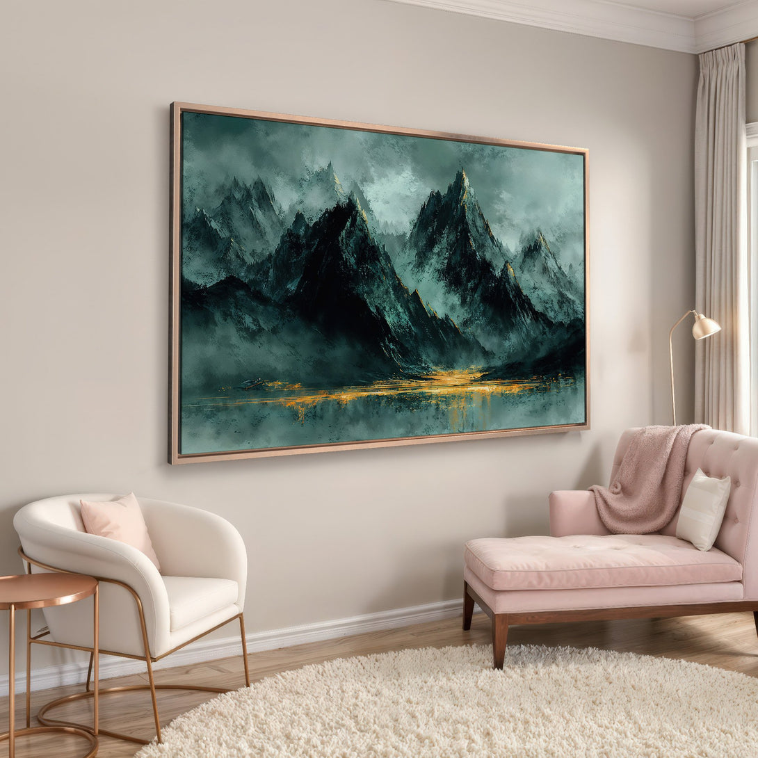 Framed Wall Art of dramatic mountain landscape in teal and gold. Modern canvas print adds a touch of elegance to any interior.