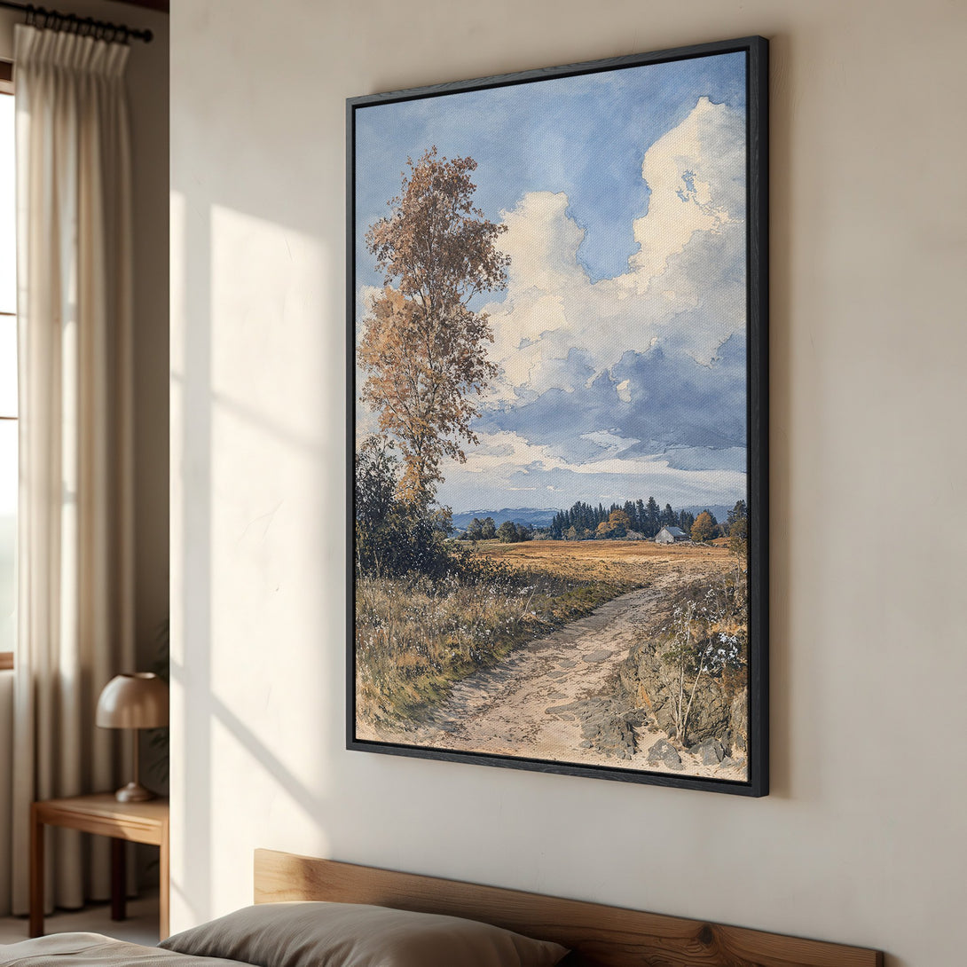 Framed Wall Art: Landscape Canvas Print with a serene watercolor style, featuring a path, trees, and a blue sky with a warm, earthy color palette.