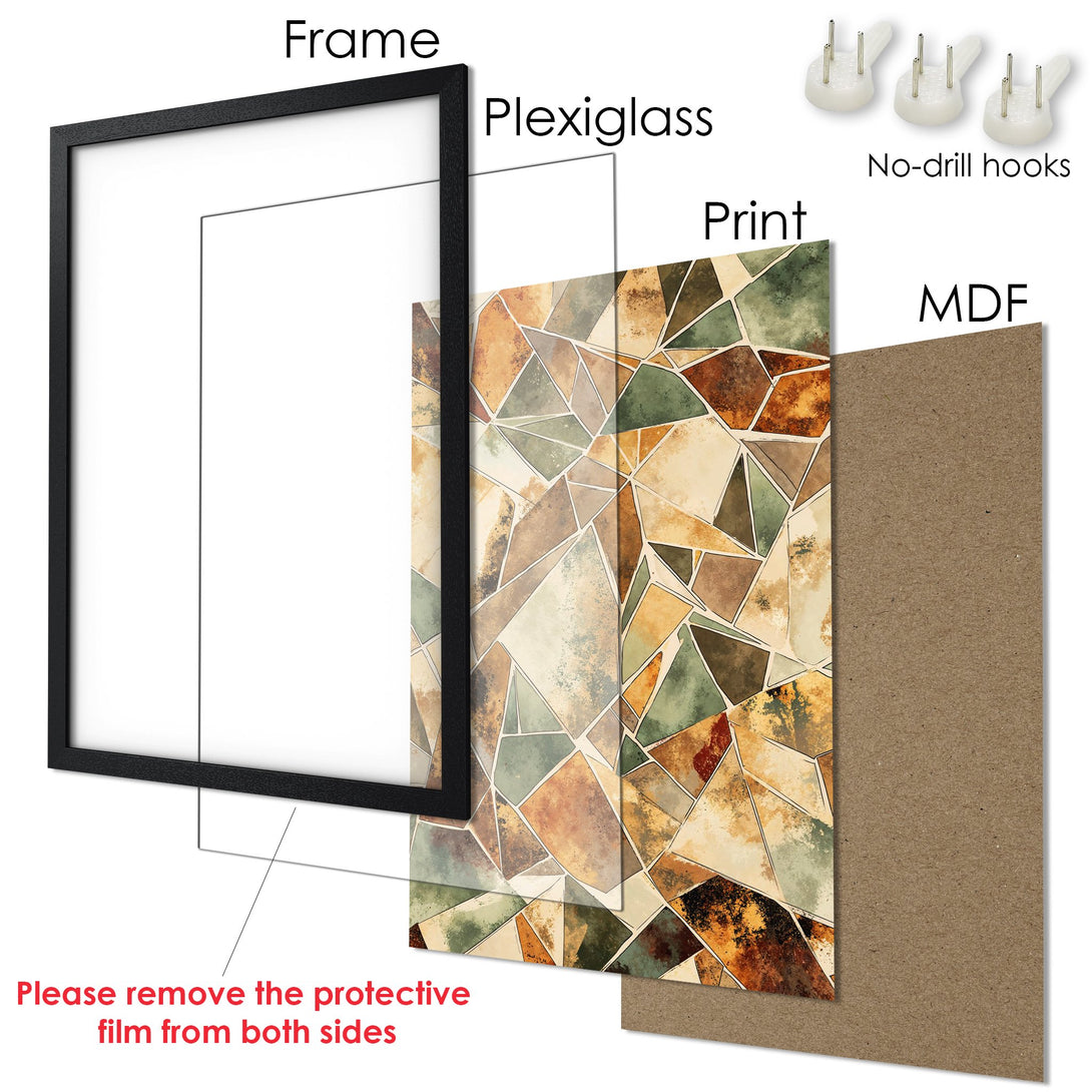 Framed Poster featuring a geometric design in earthy tones. Modern art style, perfect for any room! Easy to hang.