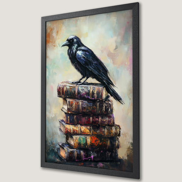 Framed Poster featuring a black raven on books, impressionist style with a warm, earthy color palette. Perfect wall art!