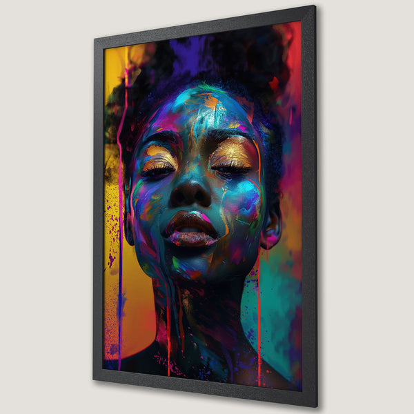 Framed Poster of a woman's face in vibrant abstract art style. Bold colors of blue, gold, and purple. Perfect wall art!