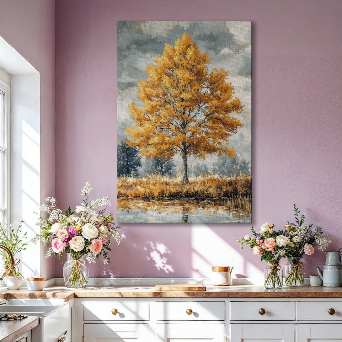 Framed Wall Art: Golden tree landscape painting with neutral tones. Perfect for living room decor. Add warmth and style with this canvas print.