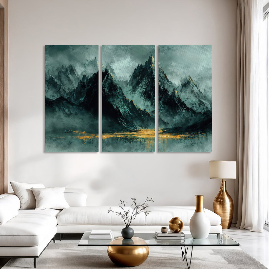 Canvas Print of abstract mountain landscape in teal and gold, perfect for modern home decor.