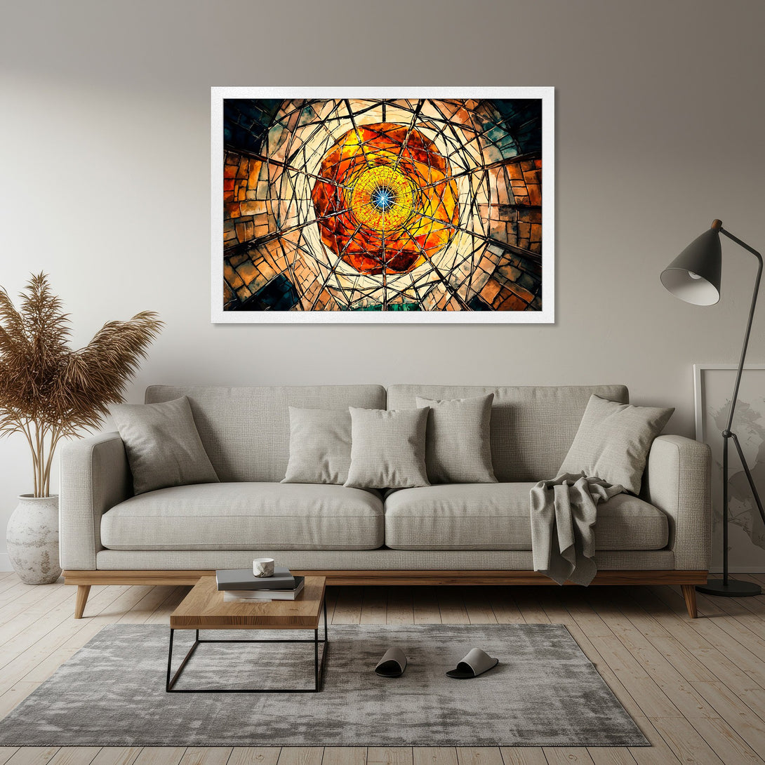 Framed Poster of abstract geometric art in warm orange, yellow, and blue tones. Perfect wall decor for any space.