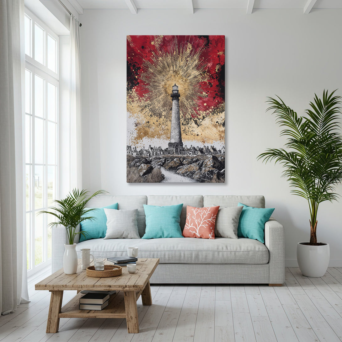 Framed Wall Art featuring a lighthouse with a red and gold abstract background. Coastal decor in a modern living room with blue and white accents.