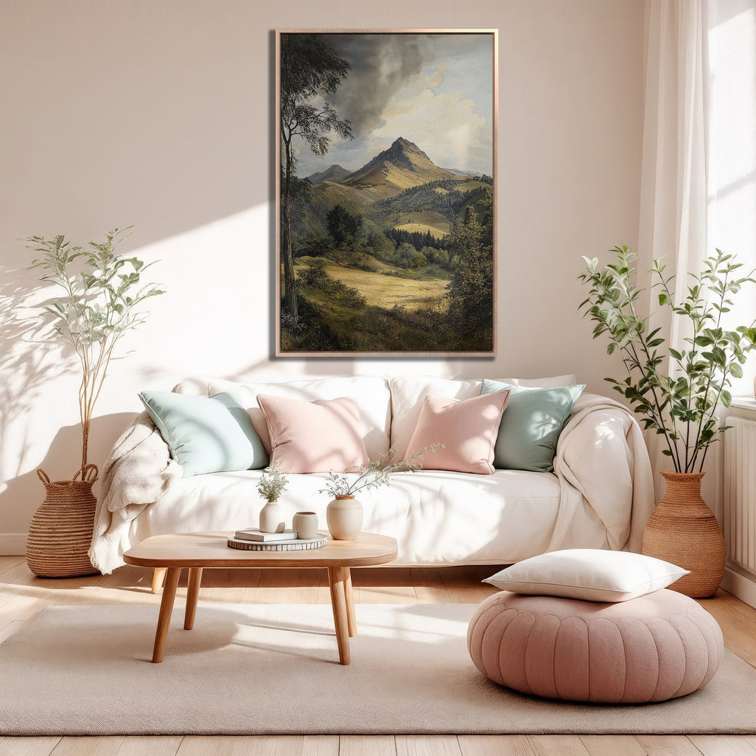 Framed Wall Art: Mountain landscape Canvas Print in warm tones. Perfect for adding a touch of nature and elegance to your living room decor.