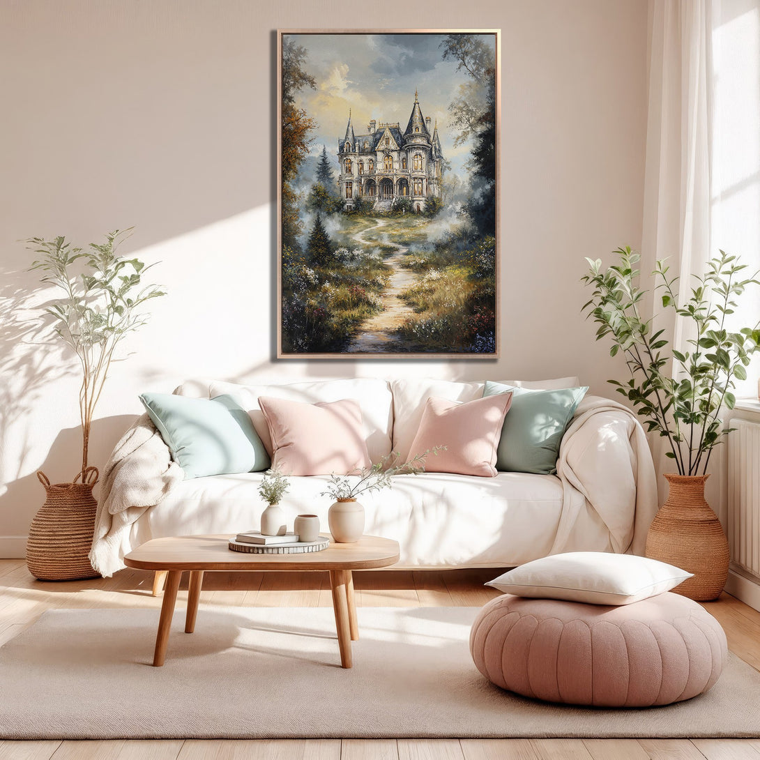 Framed Wall Art of a stately manor in a landscape, soft pastel color palette, perfect for adding elegance to your living room.