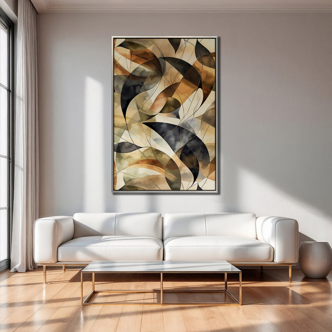 Framed Wall Art: Abstract geometric canvas print in warm earth tones. Modern art for living room decor. Neutral color palette.