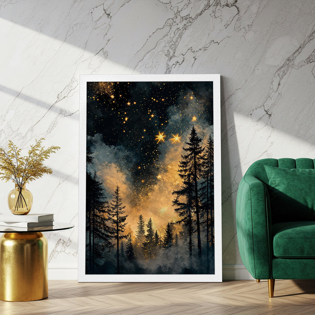 Framed Poster featuring a starry forest scene in a dark, dreamy style with gold and black tones. Add a touch of magic to your space!