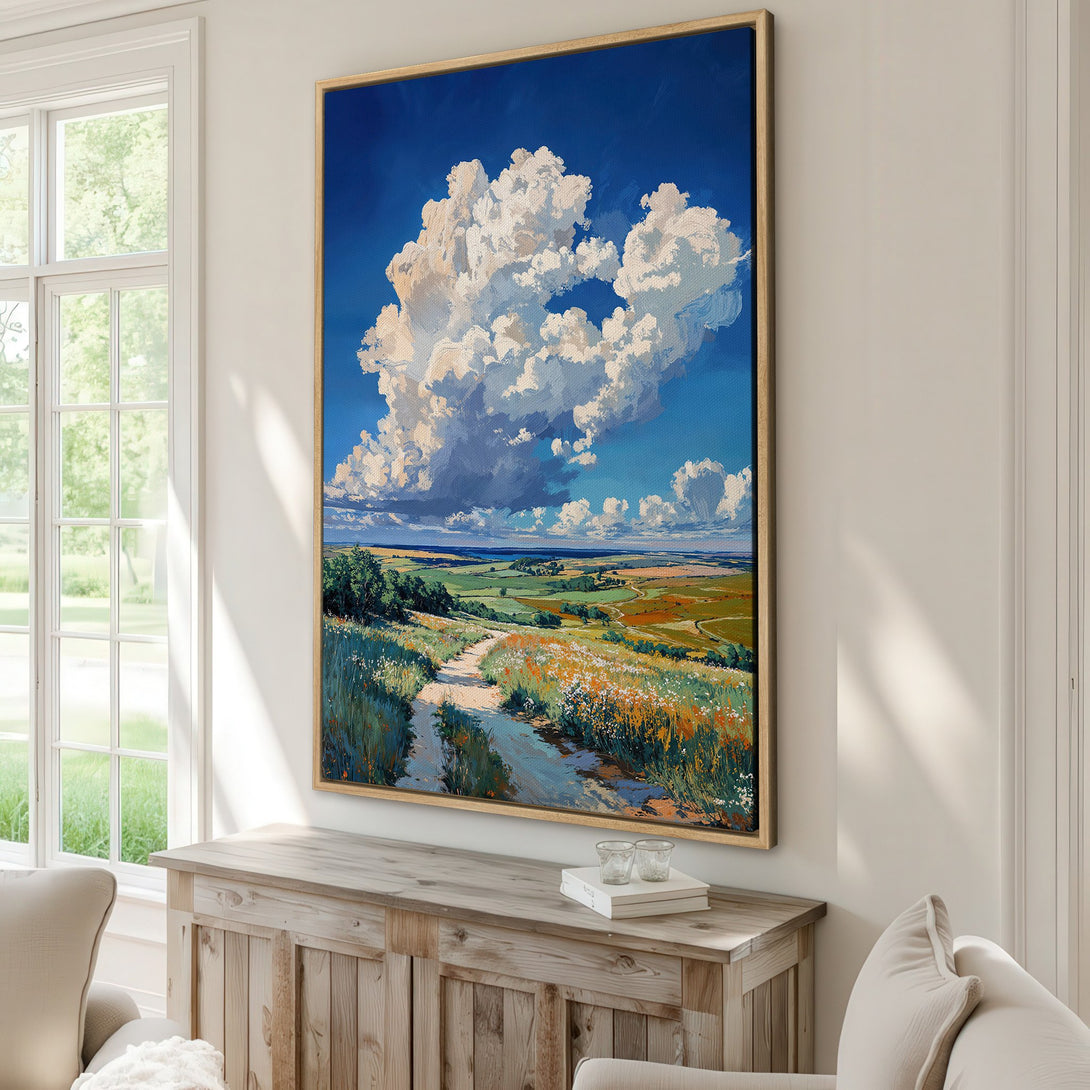 Framed Wall Art: Stunning landscape Canvas Print with a vibrant blue sky, fluffy clouds, and a path through fields. Beautiful color palette. Perfect for any home!