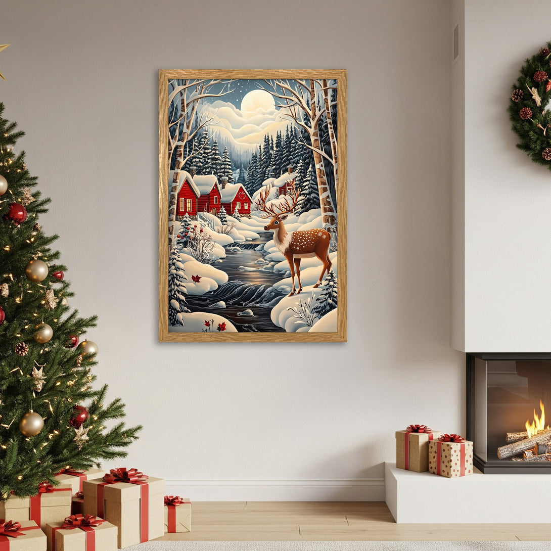 Framed Poster featuring a winter landscape with a deer, red houses, and a snowy river. Warm, festive color palette. Perfect Christmas decor.