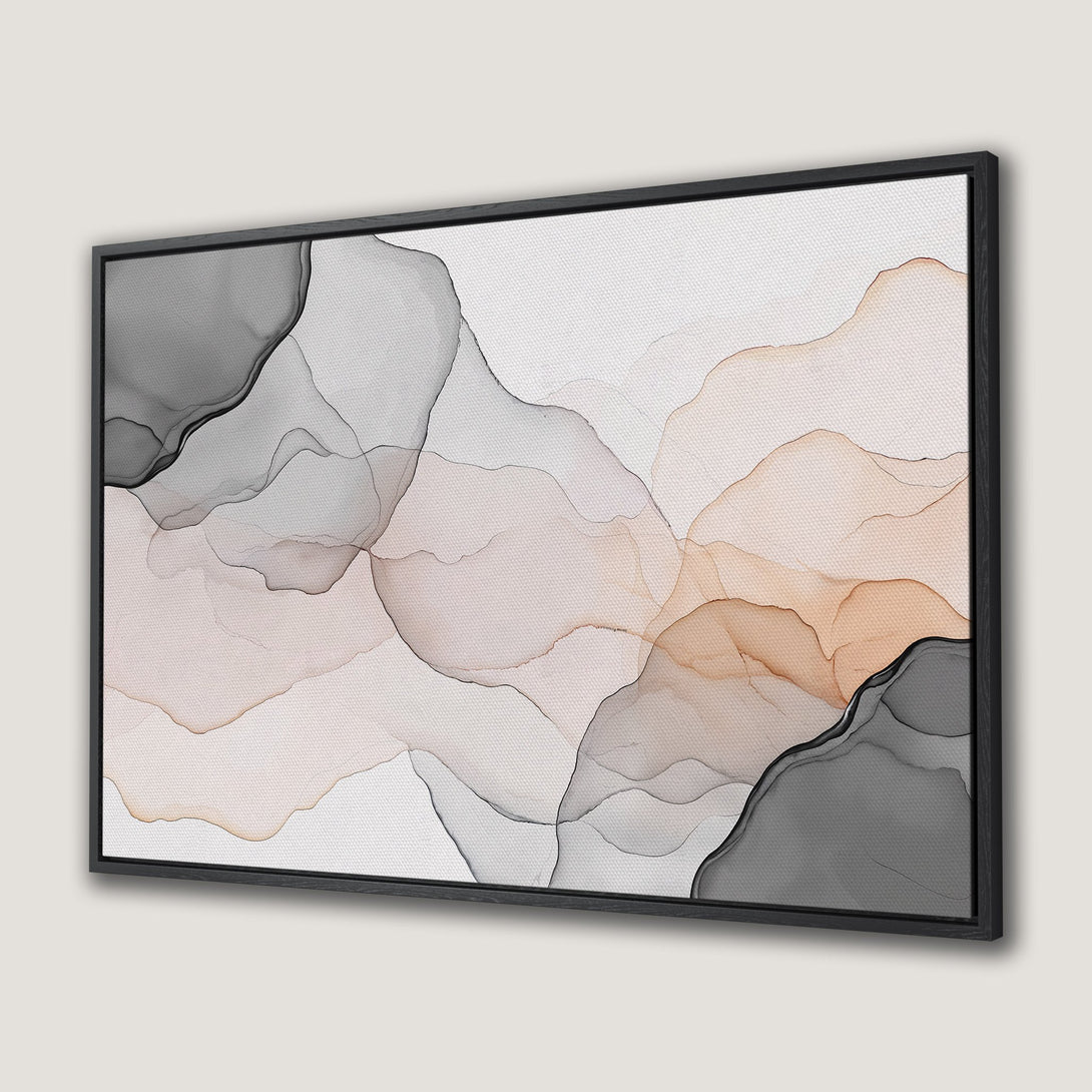 Framed Wall Art featuring abstract watercolor design in neutral tones. Modern Canvas Print with grey, beige, and black color palette. Perfect home decor.