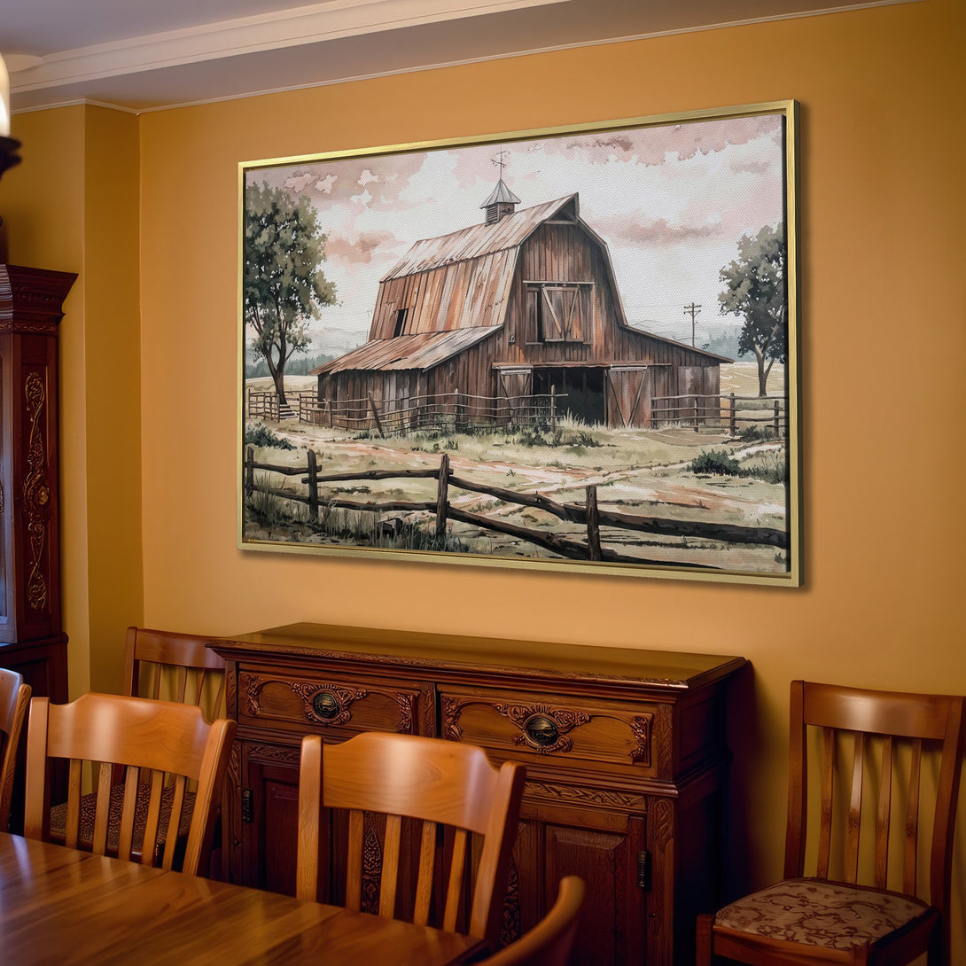 Canvas Print of a rustic barn landscape, warm neutral color palette, perfect for farmhouse decor.