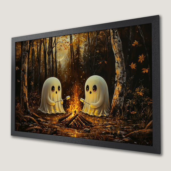 Framed Poster featuring cute ghosts roasting marshmallows by a campfire in a forest. Warm, autumnal color palette. Perfect Halloween decor!