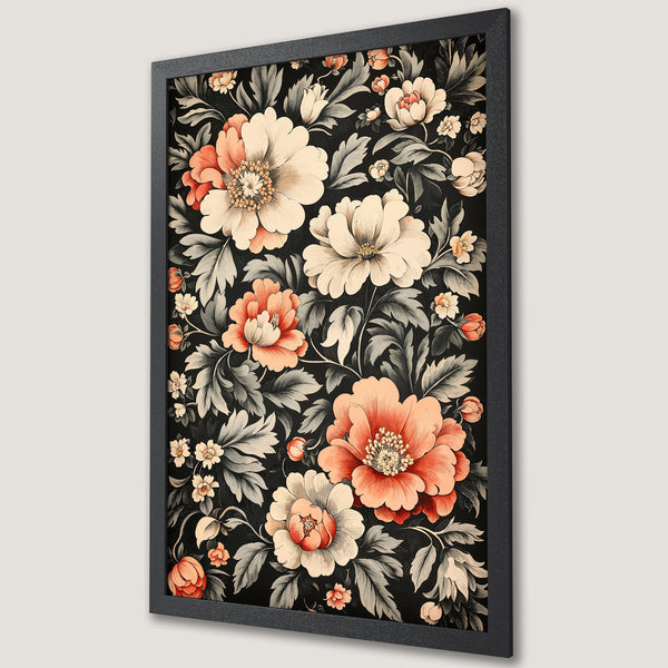 Framed Poster featuring a floral design with a vintage style. The color palette includes black, cream, peach, and gray. Perfect wall art!