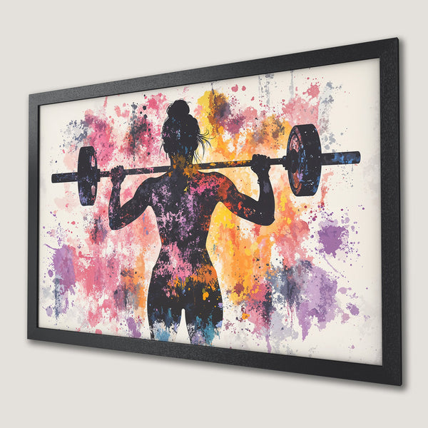 Framed Poster of a weightlifting woman in watercolor style, featuring a vibrant, colorful splash palette.