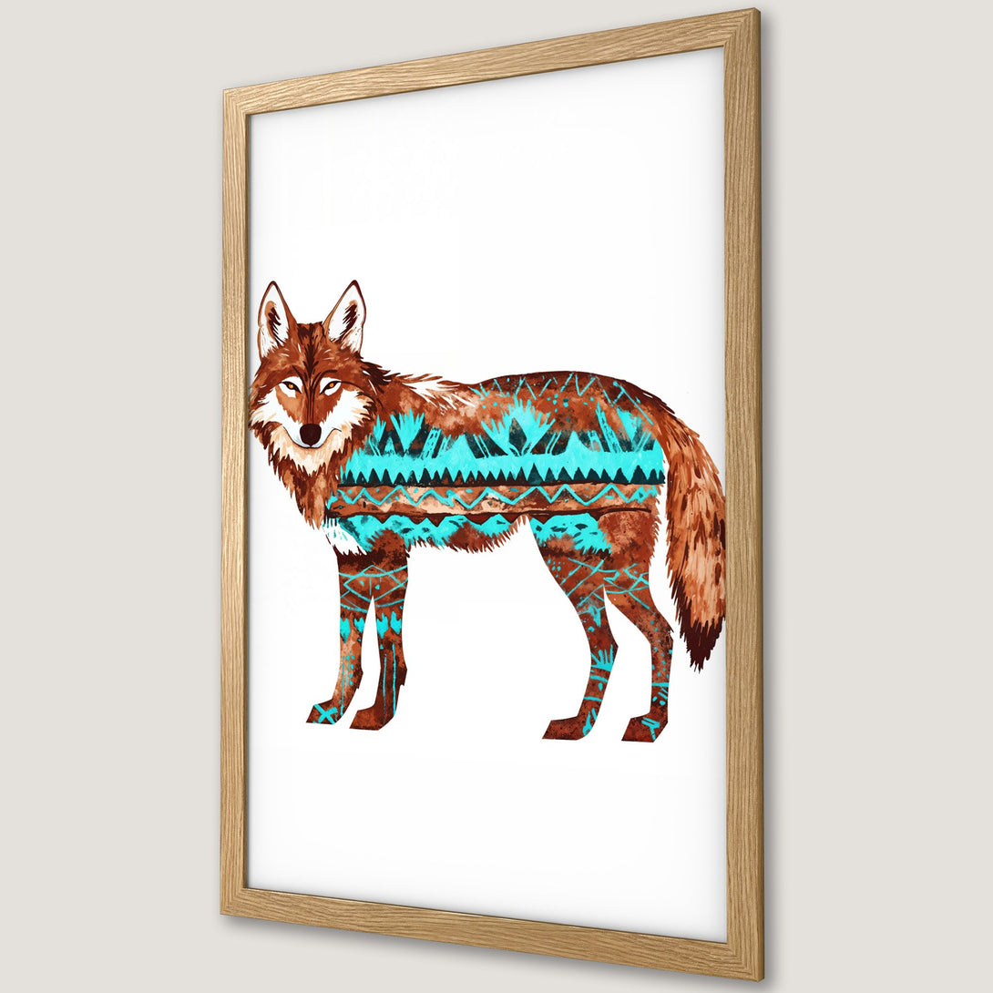 Framed Poster featuring a watercolor wolf with tribal patterns in brown and turquoise. Perfect wall art!