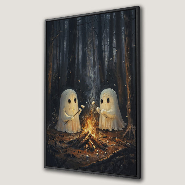 Framed Wall Art: Adorable ghosts roasting marshmallows by a campfire in a dark forest. Whimsical art in a moody, earthy color palette. Perfect for Halloween decor.