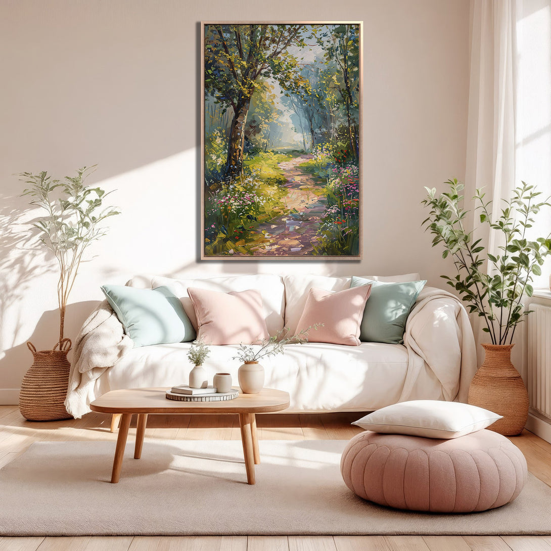 Framed Wall Art: Serene forest path painting in a warm, inviting color palette. Perfect for adding a touch of nature to your living room.