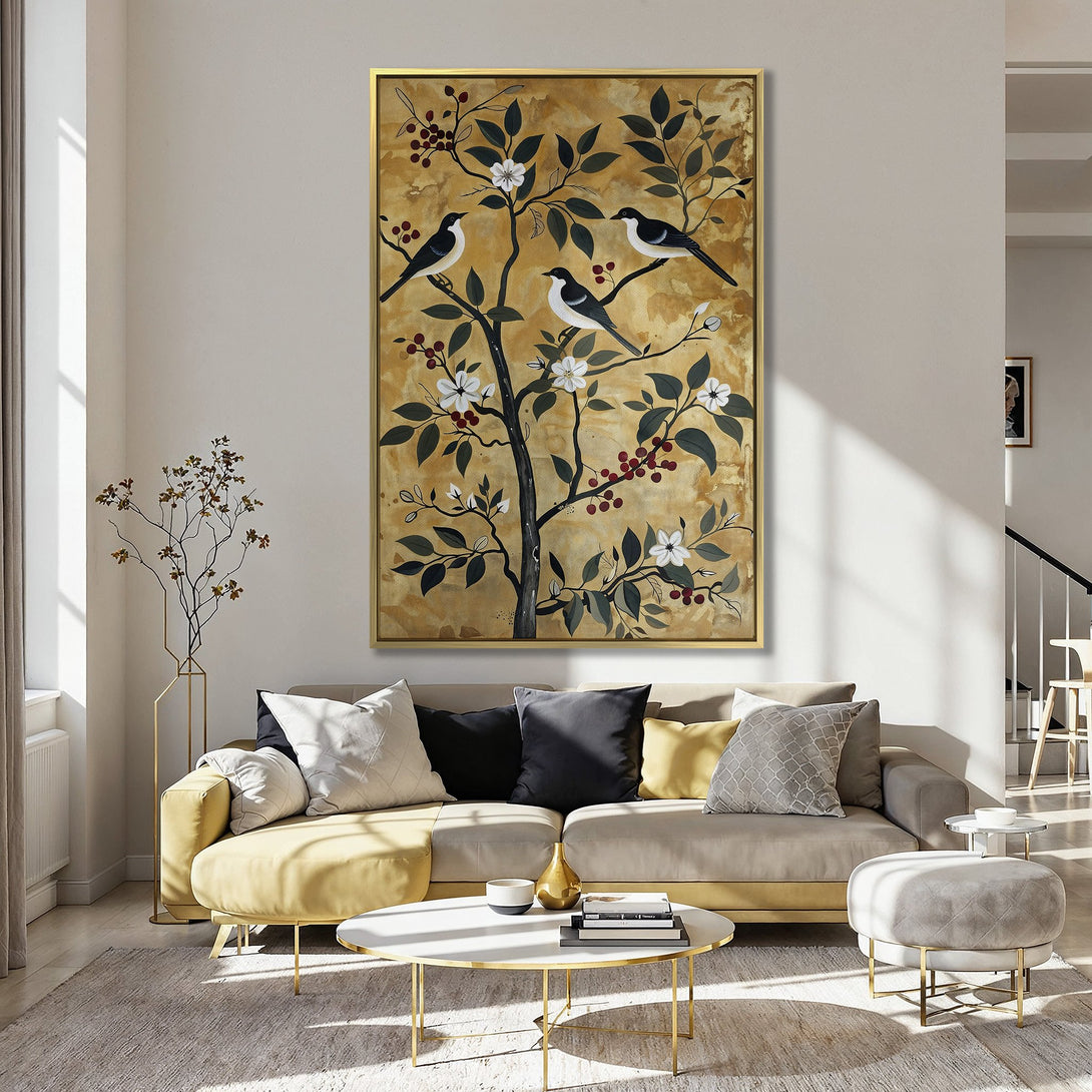 Canvas Print of birds on a tree, perfect for kitchen decor. Features a warm, golden and green color palette with a touch of red.