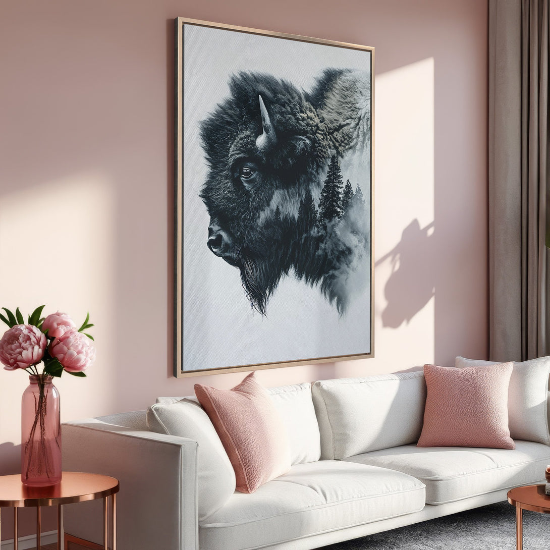 Framed Wall Art: Bison portrait in black & white with a touch of nature. Modern art for your home. Neutral color palette, perfect for any decor.