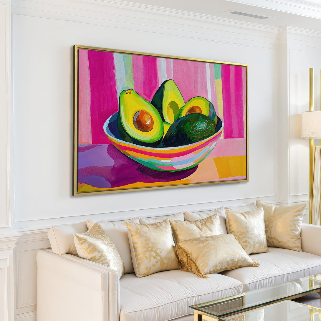 Canvas Print of vibrant avocado still life painting in a modern interior. Features bold pink, green, and yellow color palette. Perfect wall art!