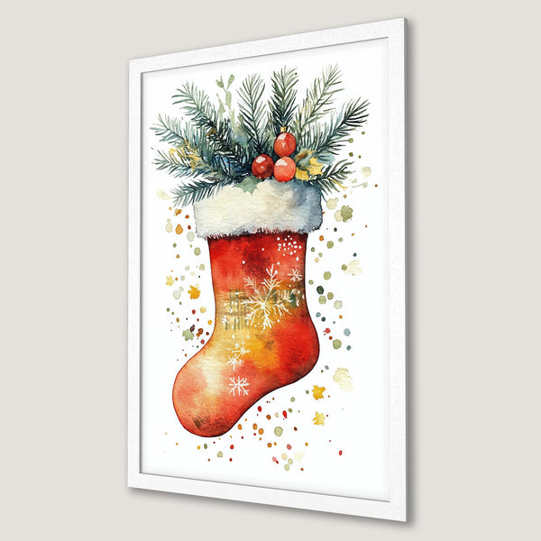 Framed Poster featuring a watercolor Christmas stocking with festive greenery and red berries. Warm red, green, and gold color palette.
