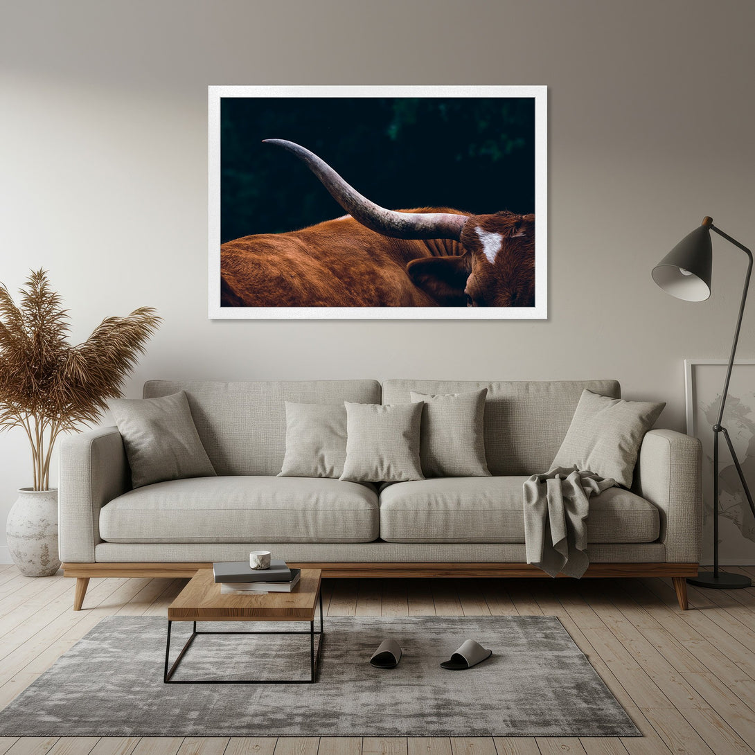 Framed Poster featuring a longhorn in a modern, minimalist style with warm brown and neutral tones. Perfect wall art for any space.