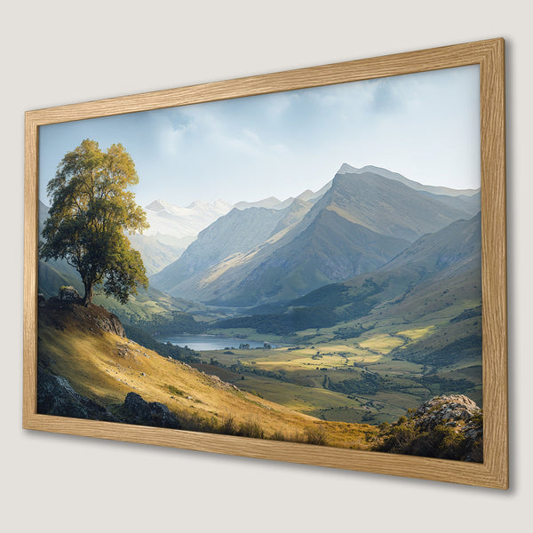 Framed Poster of a scenic mountain landscape with a tree, warm tones and natural style. Perfect wall art.