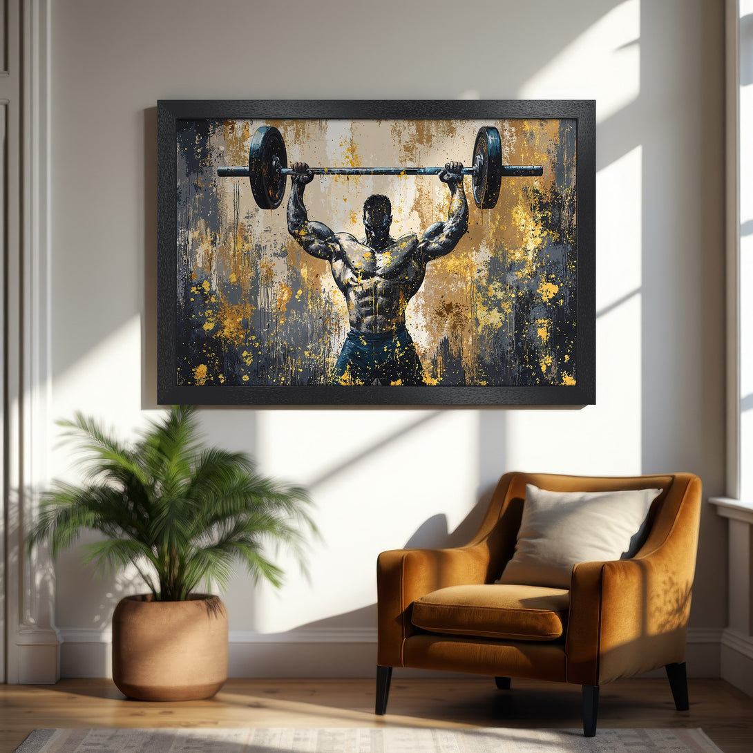 Framed Poster featuring a weightlifter, abstract style, with gold, black, and grey color palette. Perfect for home gym decor.