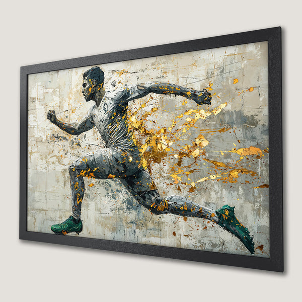 Framed Poster of a soccer player in action, abstract style with gray, gold, and green color palette. Perfect wall art!
