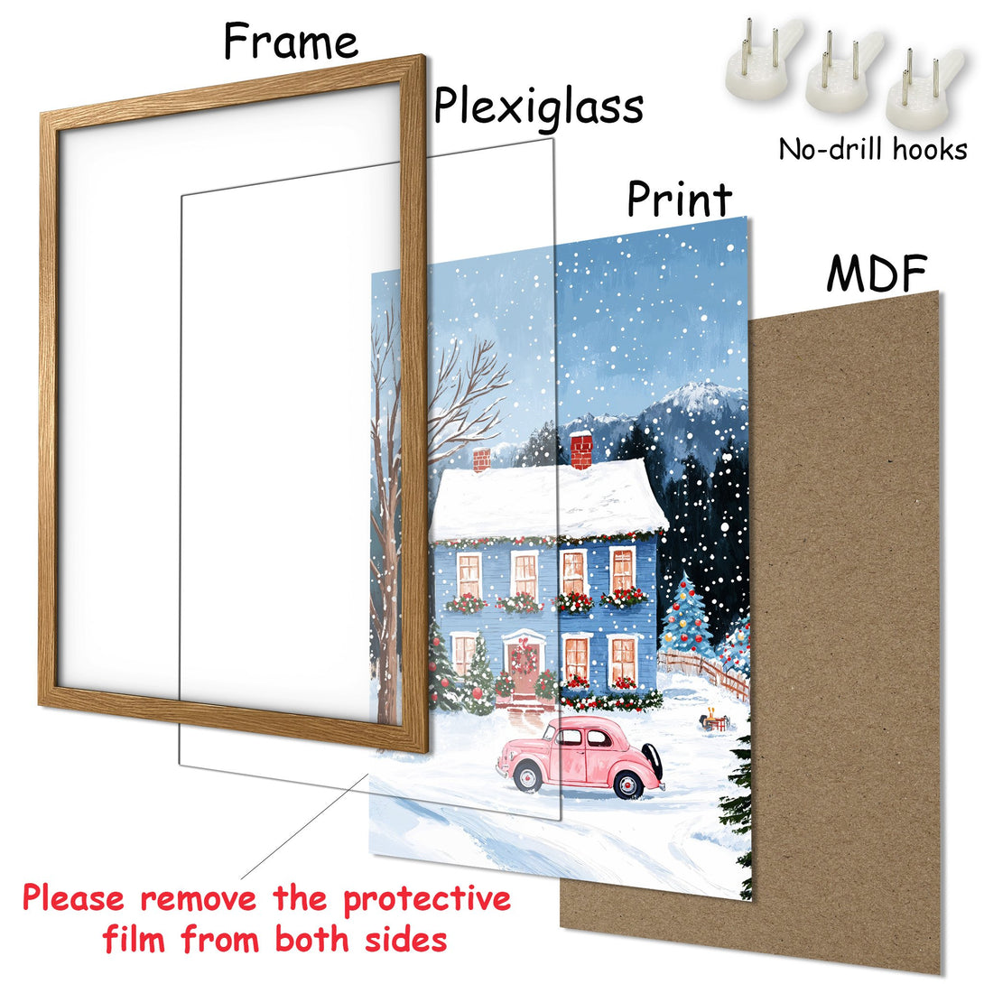 Framed Poster featuring a winter scene with a blue house and pink car. Charming illustration with a cool, snowy blue and pink palette.