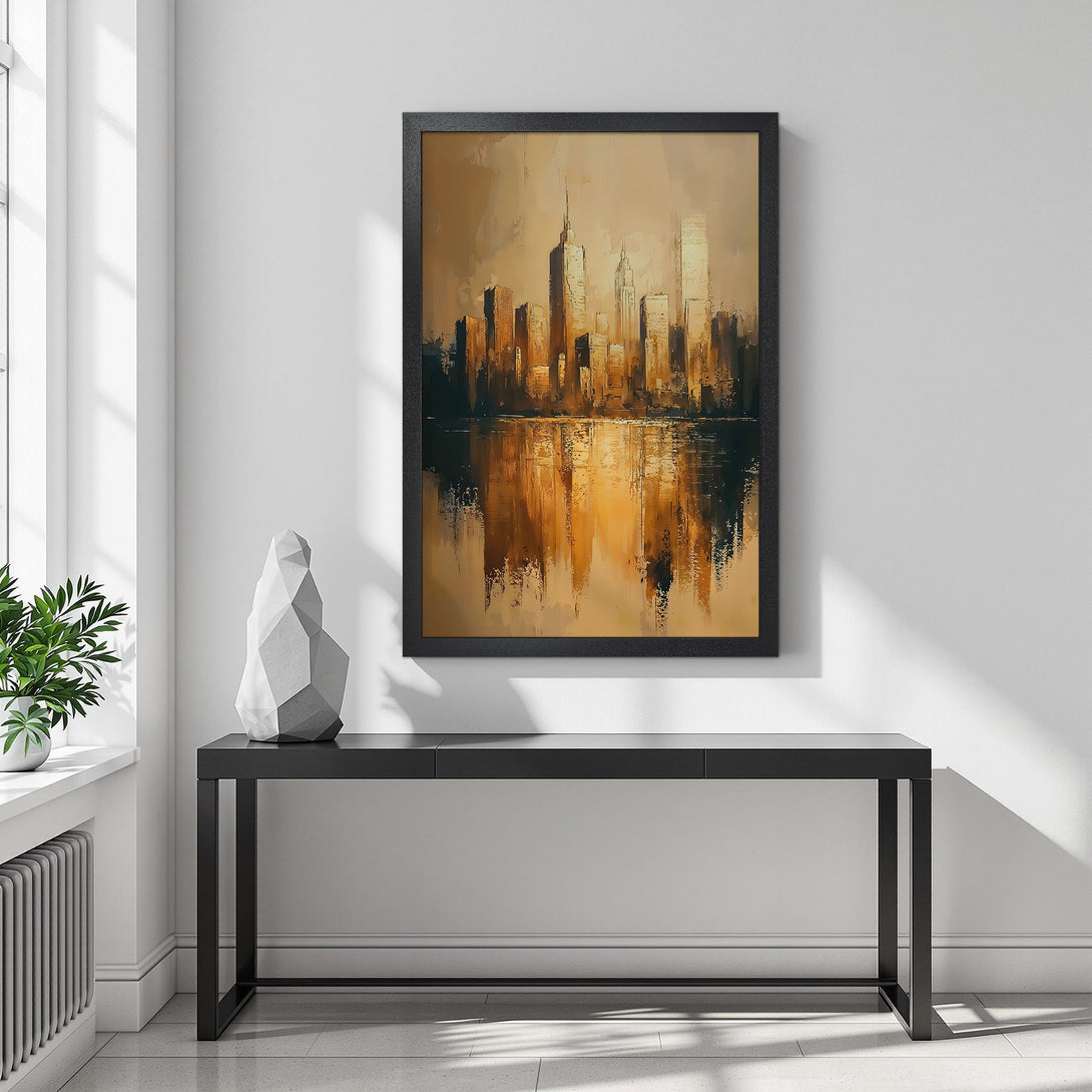 Framed Poster of a cityscape in warm, golden tones. Modern art style, perfect for home decor and adding a touch of elegance.
