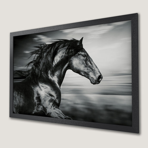 Framed Poster of a majestic black horse running. Dramatic black and white art, perfect wall decor.