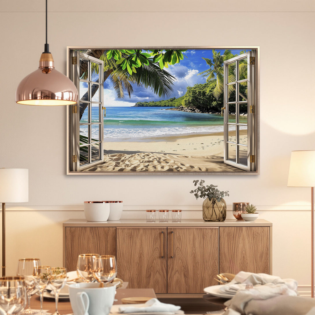 Framed Wall Art: Tropical beach scene canvas print, vibrant blue, green, and sandy tones. Coastal decor for a relaxing ambiance.