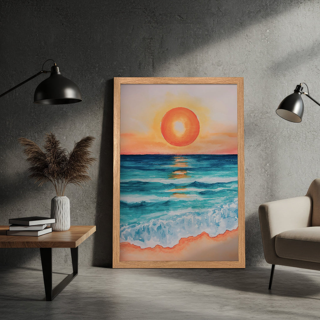 Framed Poster of a watercolor sunset over the ocean. Features vibrant blues, oranges, and yellows. Perfect coastal decor!