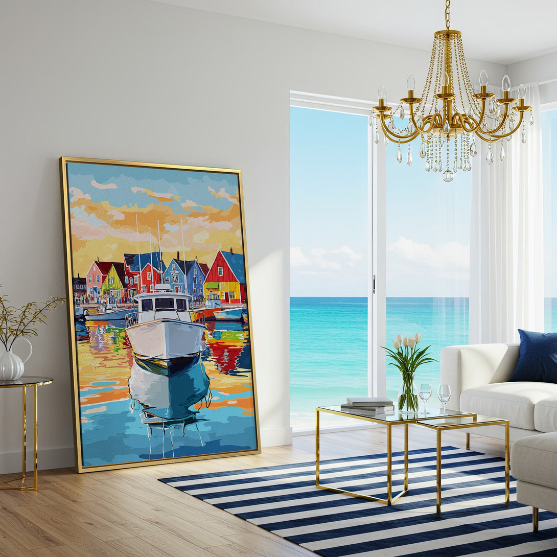 Vibrant Canvas Print of a harbor scene with colorful houses and a boat. Features a bright, warm color palette. Perfect wall art for coastal decor.