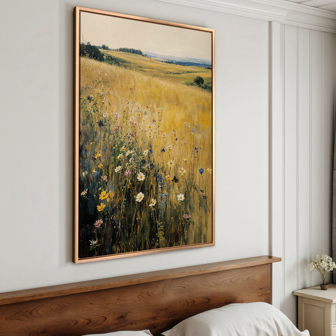 Framed Wall Art: Landscape Canvas Print with wildflowers in a golden field. Rustic style, warm yellow and green color palette, perfect for bedroom decor.