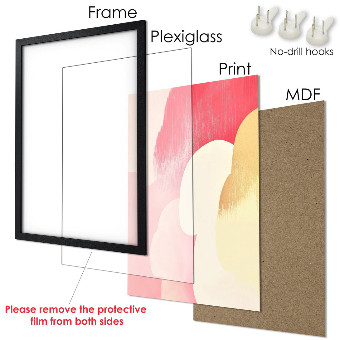 Framed Poster featuring abstract art in pink, red, and cream colors. Modern style, ready to hang.